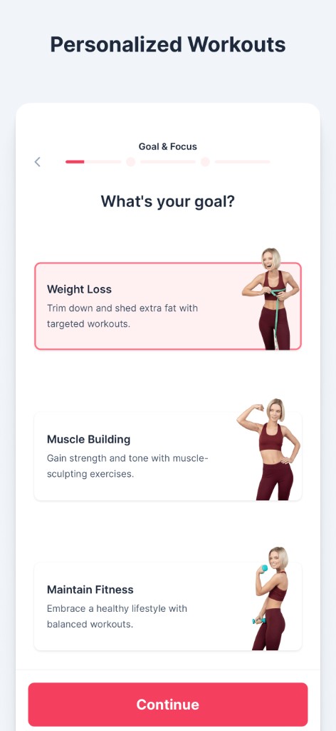 WeBurn app screen: choose your fitness goal