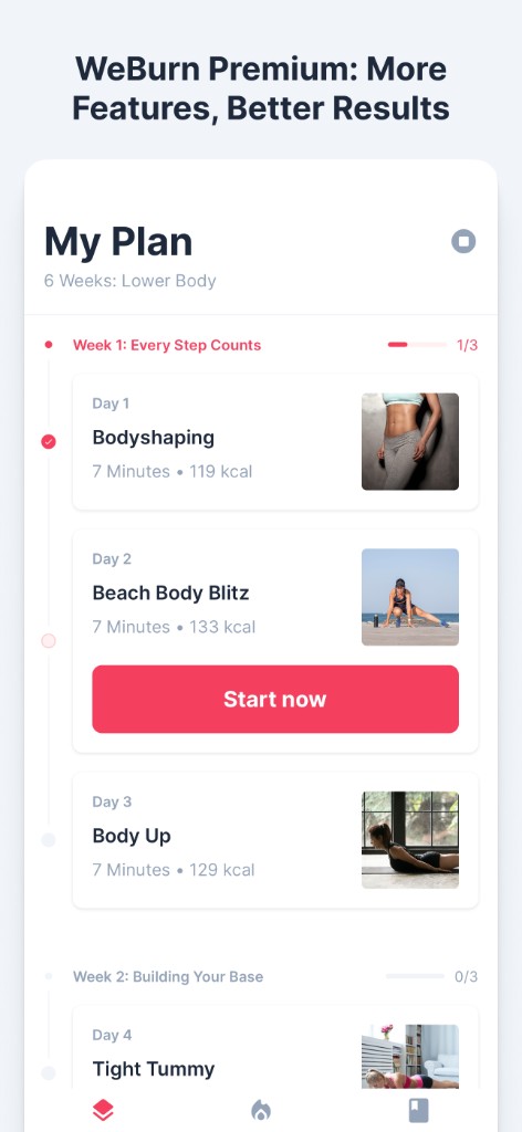 WeBurn app screen: My Plan with weekly workout schedule