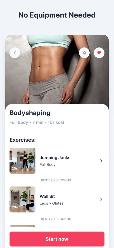 WeBurn app screen: workout detail with exercise list